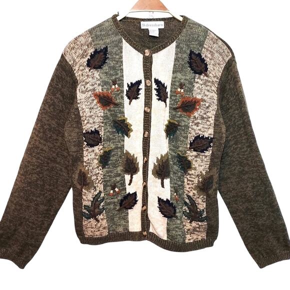 Dress Barn Sweaters - Vintage 90's Dress Barn Knit Green Cream Colorblock Leaf Cardigan Sweater
